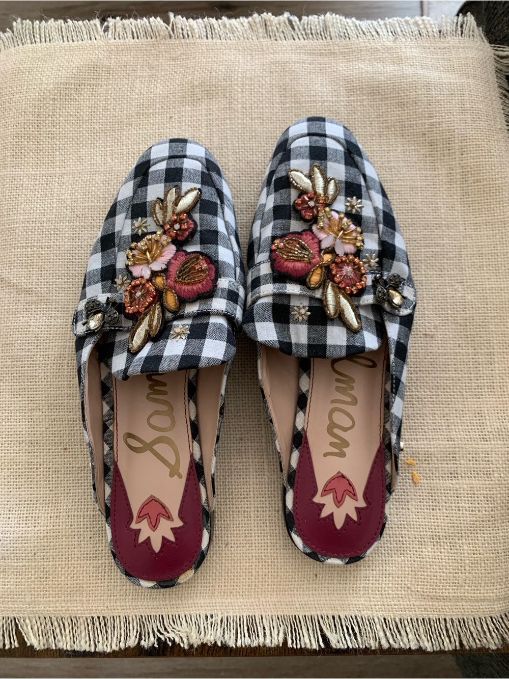 Sam Edelman Pemberly Black & White Gingham Embellished Mules